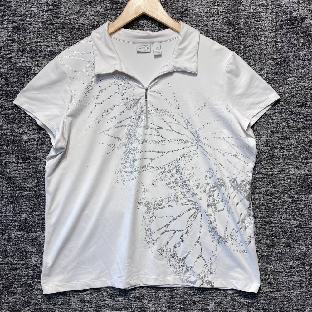 Chicos Zenergy Golf Women Sz 3 XL White Silver Butterfly Quarter Zip Polo Shirt